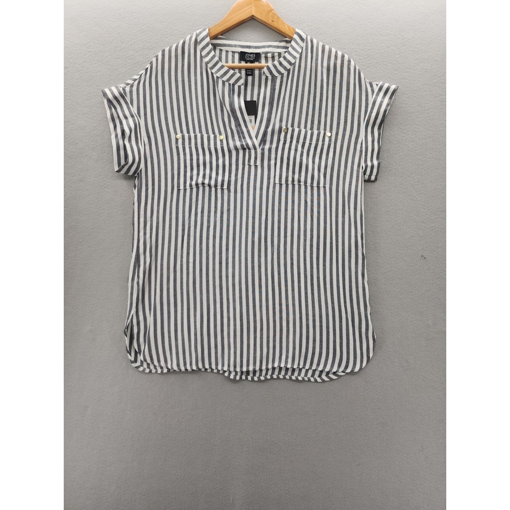 Jones New York Signature Striped Short Sleeve Blouse Black Grey Small NWT Coast